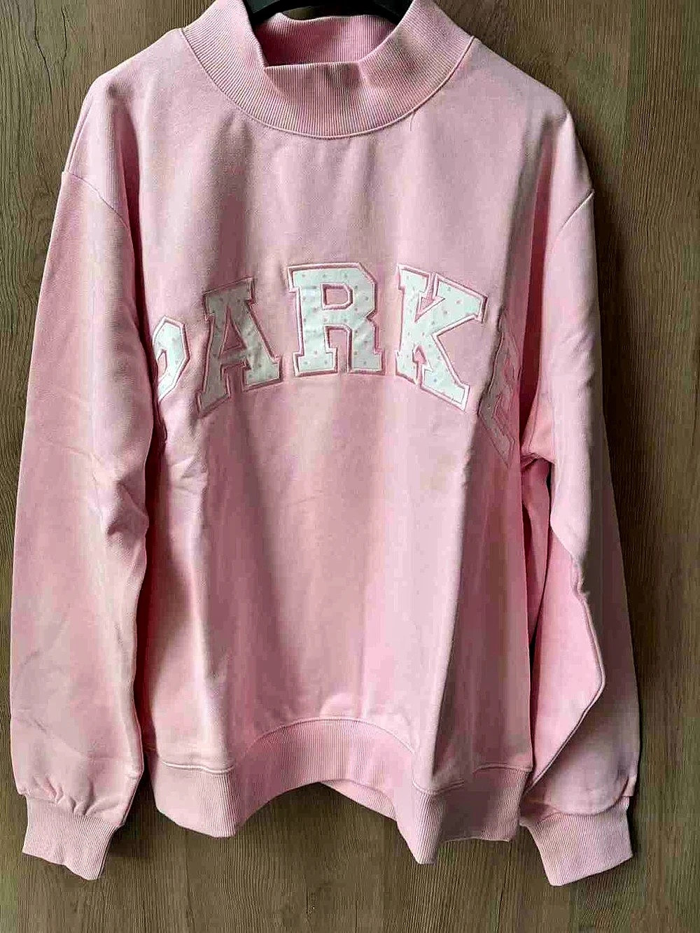 PARKE Polka Dot Letter Varsity Mockneck Pink Sweatshirt